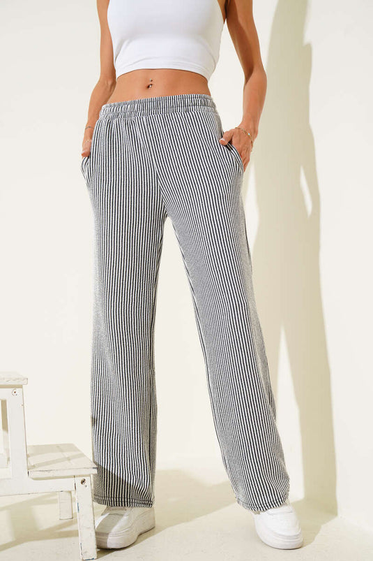 Su Yolu Beli Lastikli Pantolon Siyah