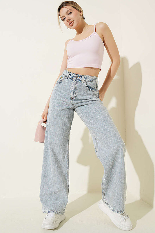 Pantalon en jean clair avec détails en pierre Su Yolu
