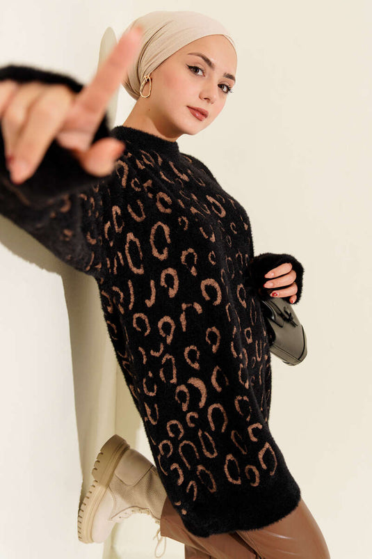 Leopard Patterned Bearded Tunic Black Camel