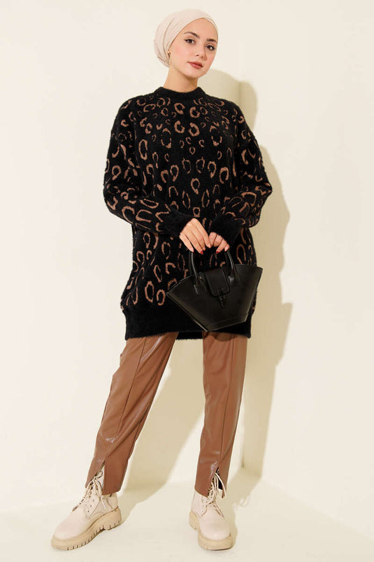 Leopard Patterned Bearded Tunic Black Camel
