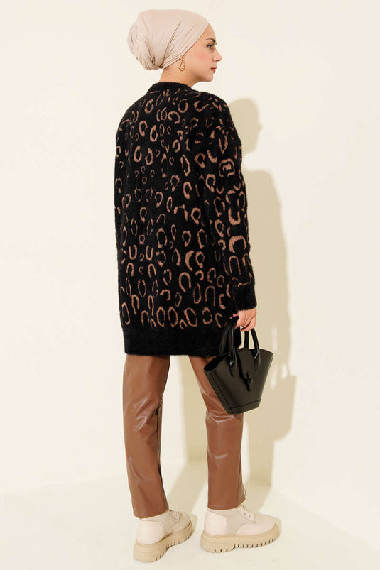 Leopard Patterned Bearded Tunic Black Camel