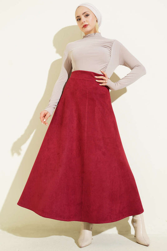 Süet Bel Fermuarlı Çan Etek Bordo