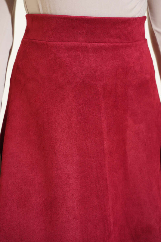 Süet Bel Fermuarlı Çan Etek Bordo