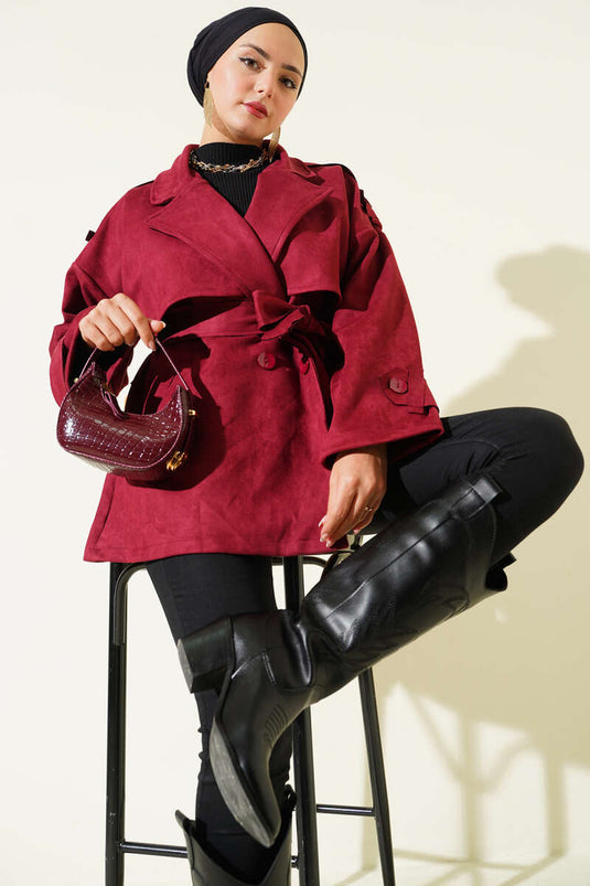 Trench-coat en daim avec cape et ceinture, bordeaux