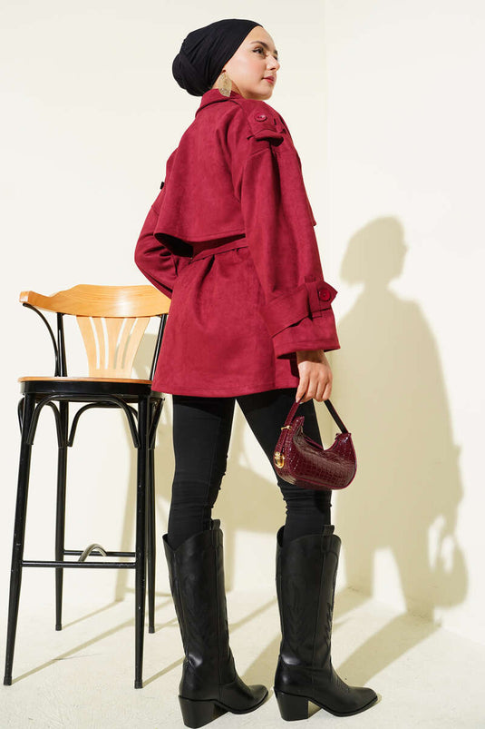 Trench-coat en daim avec cape et ceinture, bordeaux