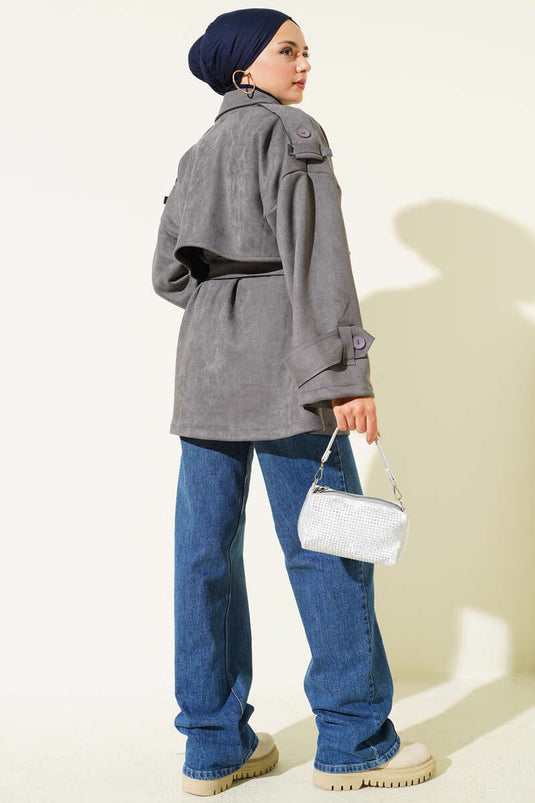 Trench-coat en daim avec cape et ceinture, gris fumé