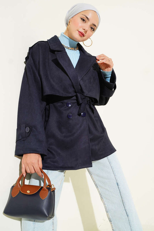 Trench-coat en daim avec cape et ceinture, bleu marine