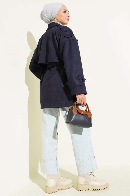 Trench-coat en daim avec cape et ceinture, bleu marine