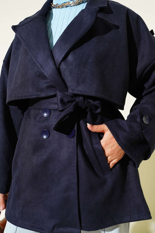Trench-coat en daim avec cape et ceinture, bleu marine