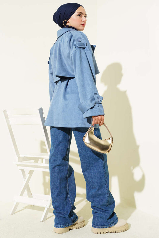 Trench-coat en daim avec cape et ceinture, bleu