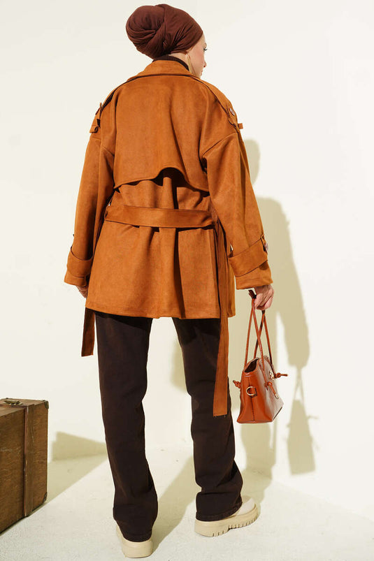 Trench-coat en daim avec cape et ceinture, beige