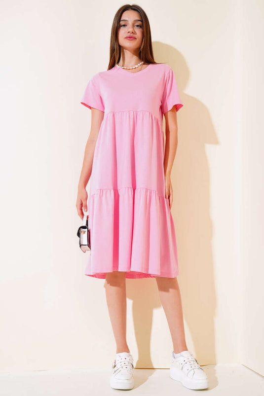 Robe rose à col V en jersey simple