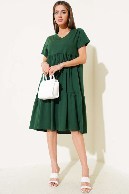 Robe verte à col V en jersey simple