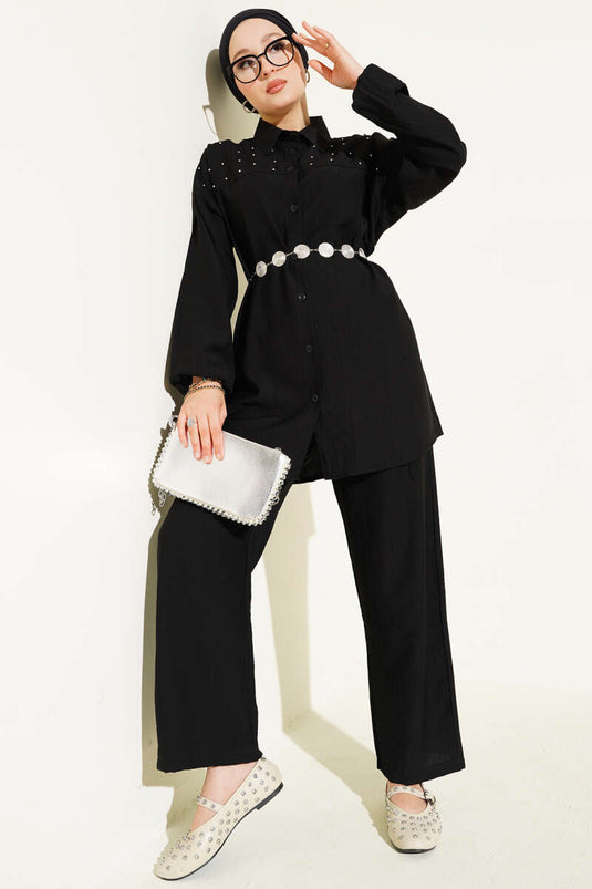 Zweiteiliger Anzug mit verziertem Seilgürtel Schwarz