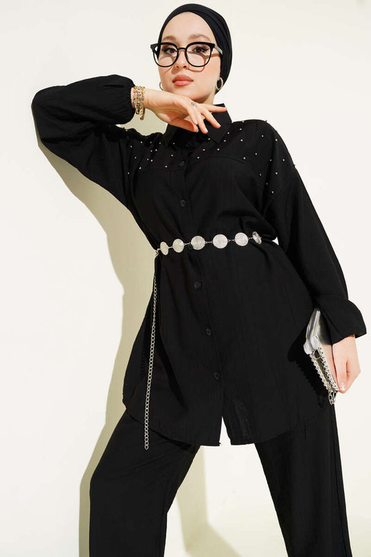 Zweiteiliger Anzug mit verziertem Seilgürtel Schwarz