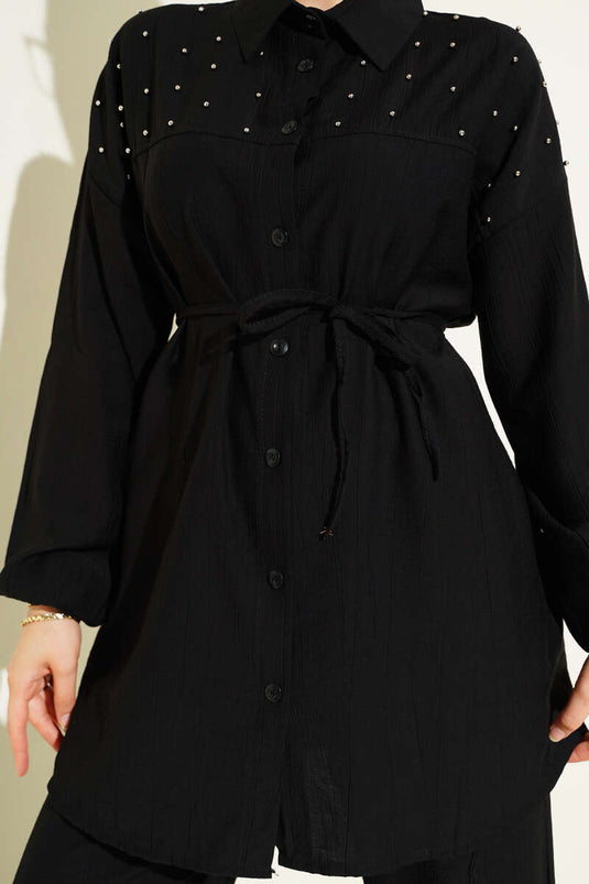 Zweiteiliger Anzug mit verziertem Seilgürtel Schwarz