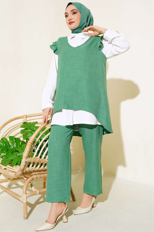 Sweater Ruffle Three Piece Linen Set Green