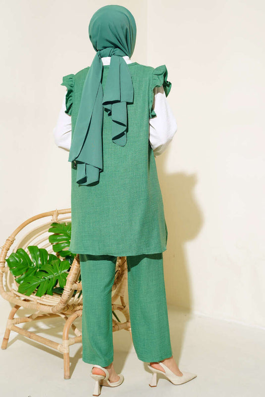 Costume Triple Lin à Volants Pull Vert