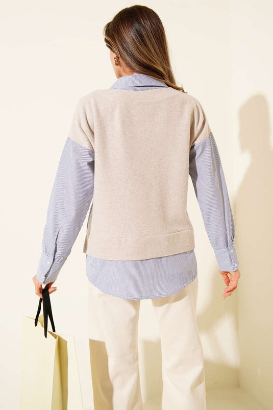 Sweater with Trimmed Shirt, Beige