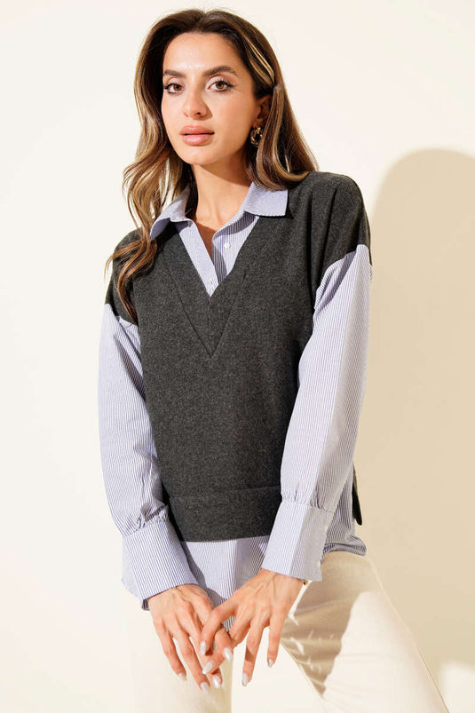 Pullover mit Hemdbesatz, Rauchgrau