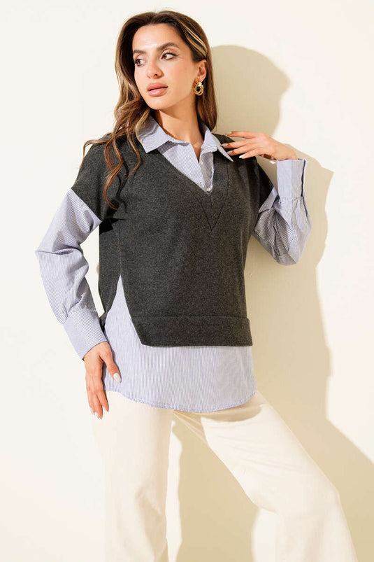 Pullover mit Hemdbesatz, Rauchgrau