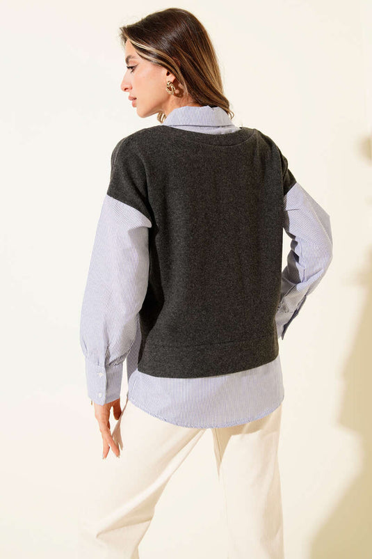 Pullover mit Hemdbesatz, Rauchgrau