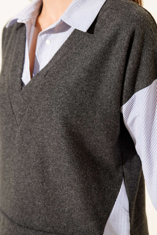 Pullover mit Hemdbesatz, Rauchgrau