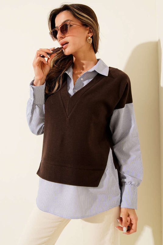 Pullover mit besticktem Hemd, Kaffee