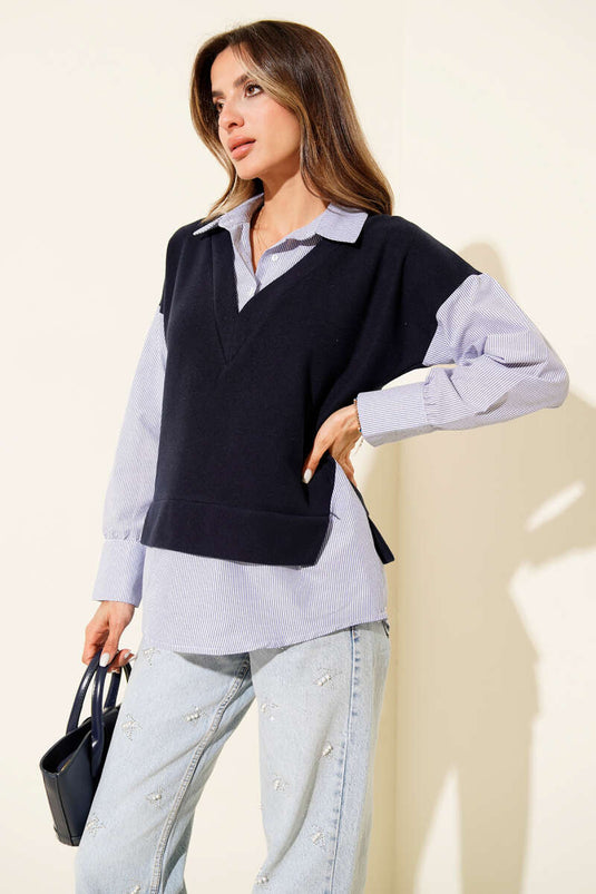 Pullover mit besticktem Hemd, Marineblau