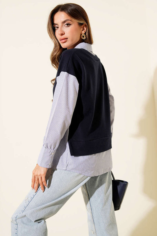 Pullover mit besticktem Hemd, Marineblau