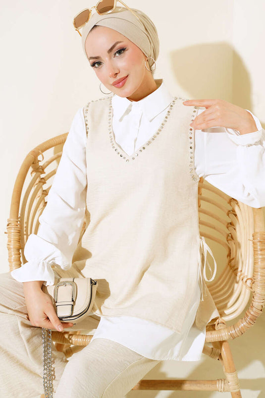 Costume Trois Pièces Détail Pierre Pull Beige