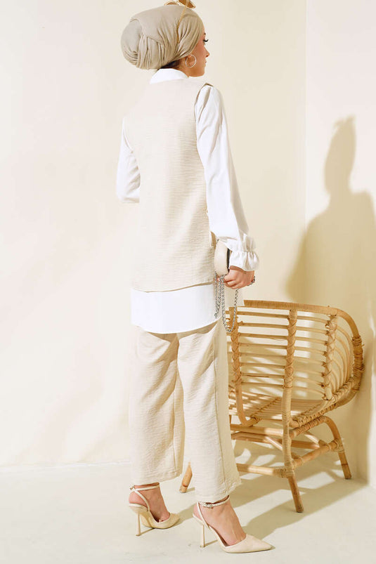 Sweater Stone Detailed Three Piece Set Beige