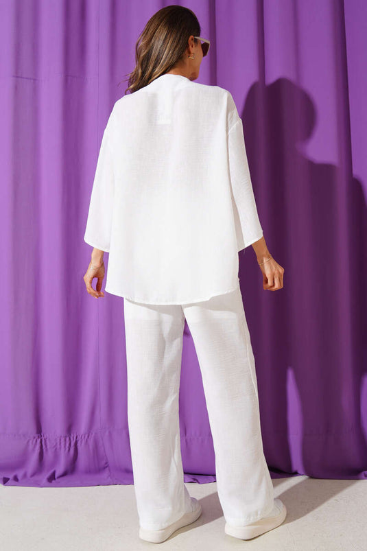 Zweiteiliges Kimono-Set mit Holzperlenverzierung, Weiß