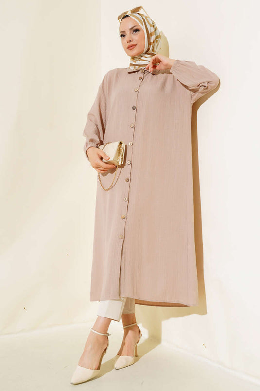Wooden Buttoned Tree Bark Long Shirt Beige
