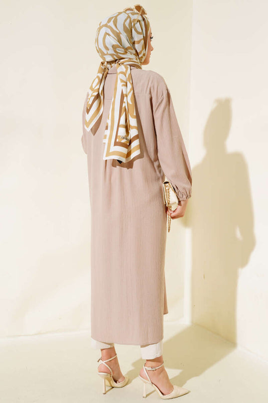 Wooden Buttoned Tree Bark Long Shirt Beige