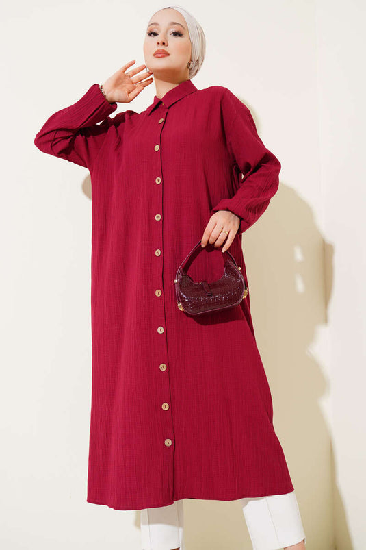 Wooden Buttoned Tree Bark Long Shirt Burgundy