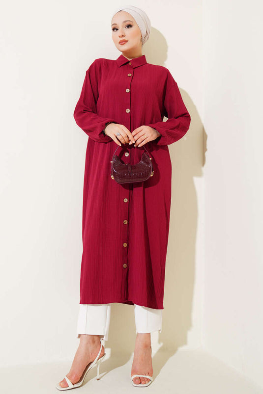 Wooden Buttoned Tree Bark Long Shirt Burgundy