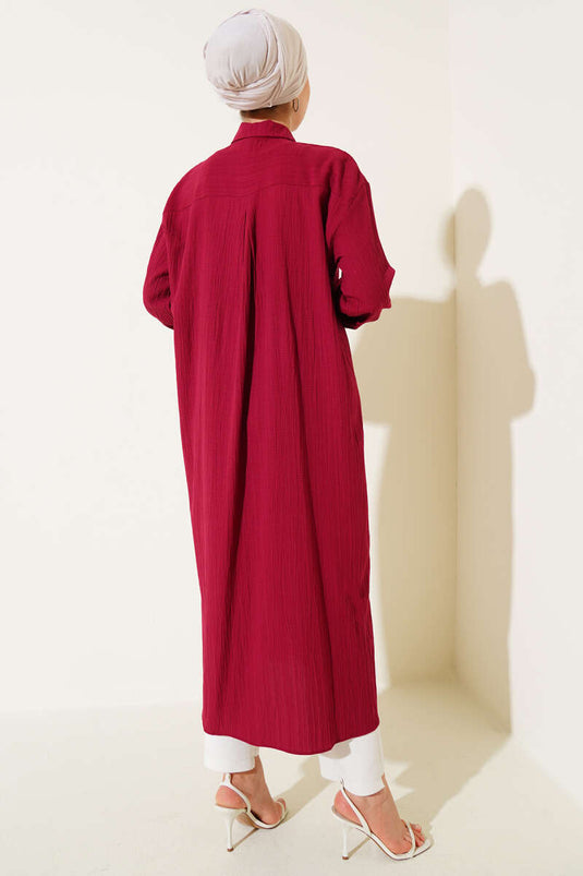 Wooden Buttoned Tree Bark Long Shirt Burgundy