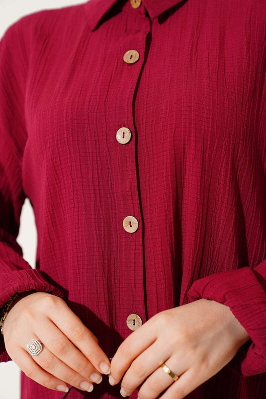 Wooden Buttoned Tree Bark Long Shirt Burgundy