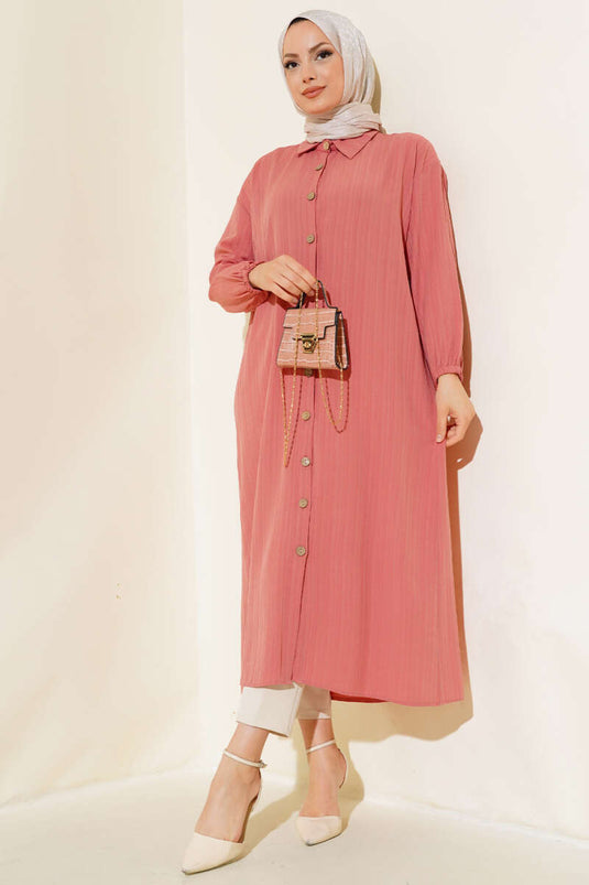 Tree Bark Long Shirt with Wooden Buttons, Dried Rose