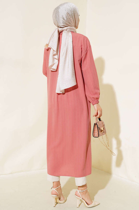 Tree Bark Long Shirt with Wooden Buttons, Dried Rose