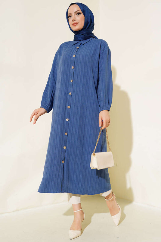 Long Tree Bark Shirt with Wooden Buttons in Indigo