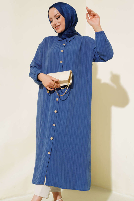 Long Tree Bark Shirt with Wooden Buttons in Indigo