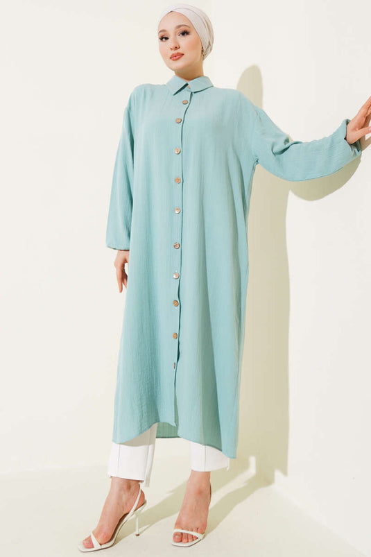 Long Tree Bark Shirt with Wooden Buttons, Mint