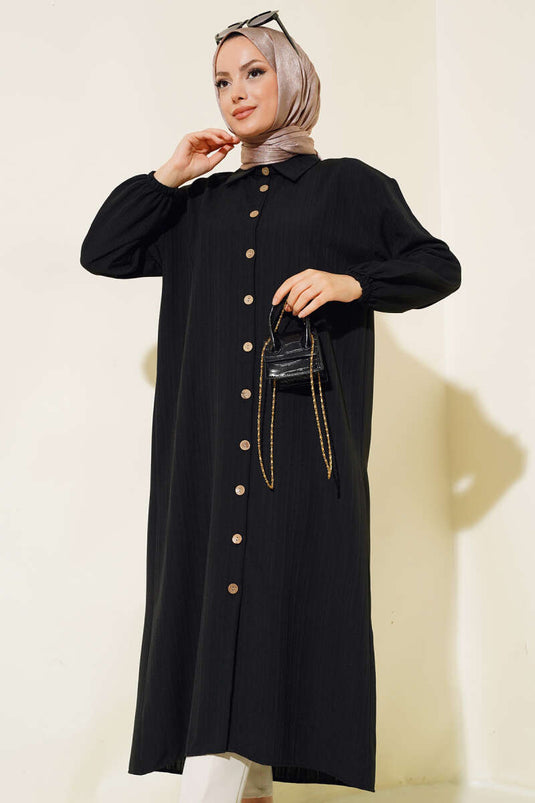 Camicia lunga nera con bottoni in legno e corteccia d'albero