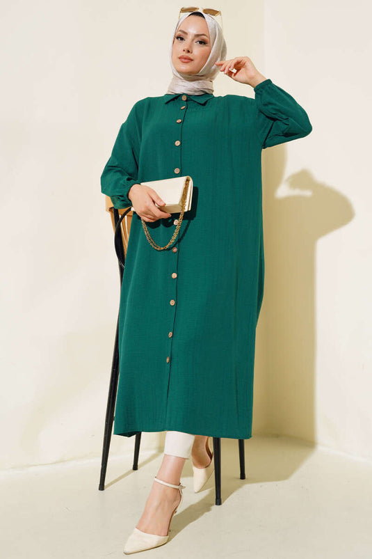 Camicia lunga in corteccia d'albero con bottoni in legno color smeraldo