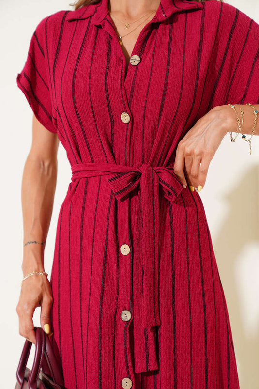 فستان مخطط بلون البرقوق بأزرار خشبية