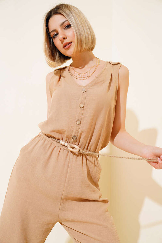 Wooden Buttoned Linen Overalls Camel