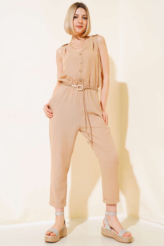 Wooden Buttoned Linen Overalls Camel