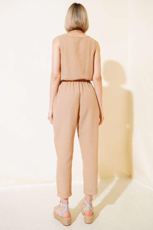 Mono Lino Botones Madera Camel